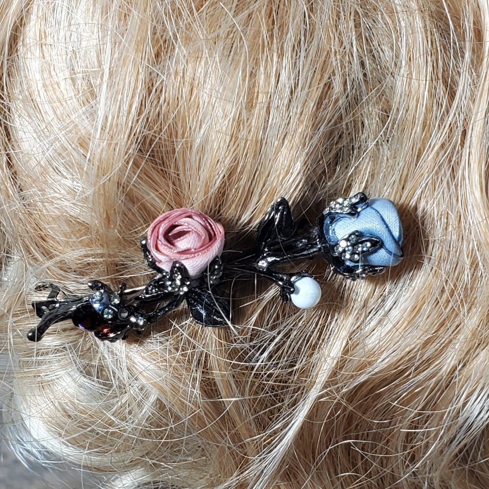 Coral Pink & Cornflower Blue Silk Petite Roses Barrette - Pearl - Garnet Crystal